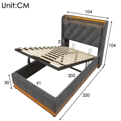 Gutent Lit adulte lit 90x200 cm lit rembourré hydraulique lit appui-tête rembourré avec fonction de recharge usb type-c Single lin gris* Lit Simple