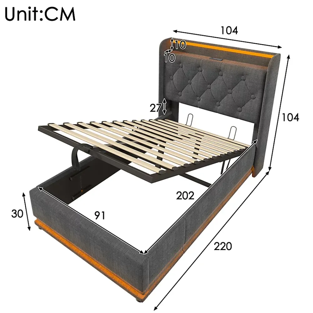 Gutent Lit adulte lit 90x200 cm lit rembourré hydraulique lit appui-tête rembourré avec fonction de recharge usb type-c Single lin gris* Lit Simple