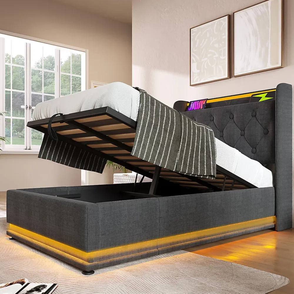 Gutent Lit adulte lit 90x200 cm lit rembourré hydraulique lit appui-tête rembourré avec fonction de recharge usb type-c Single lin gris* Lit Simple