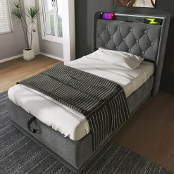 Gutent Lit adulte lit 90x200 cm lit rembourré hydraulique lit appui-tête rembourré avec fonction de recharge usb type-c Single lin gris* Lit Simple