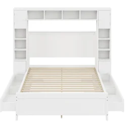 Gutent Lit adulte lit 140x200 cm lit sommier à lattes avec 4 tiroirs et armoire de rangement lit double bois massif blanc* Lit Avec Rangement