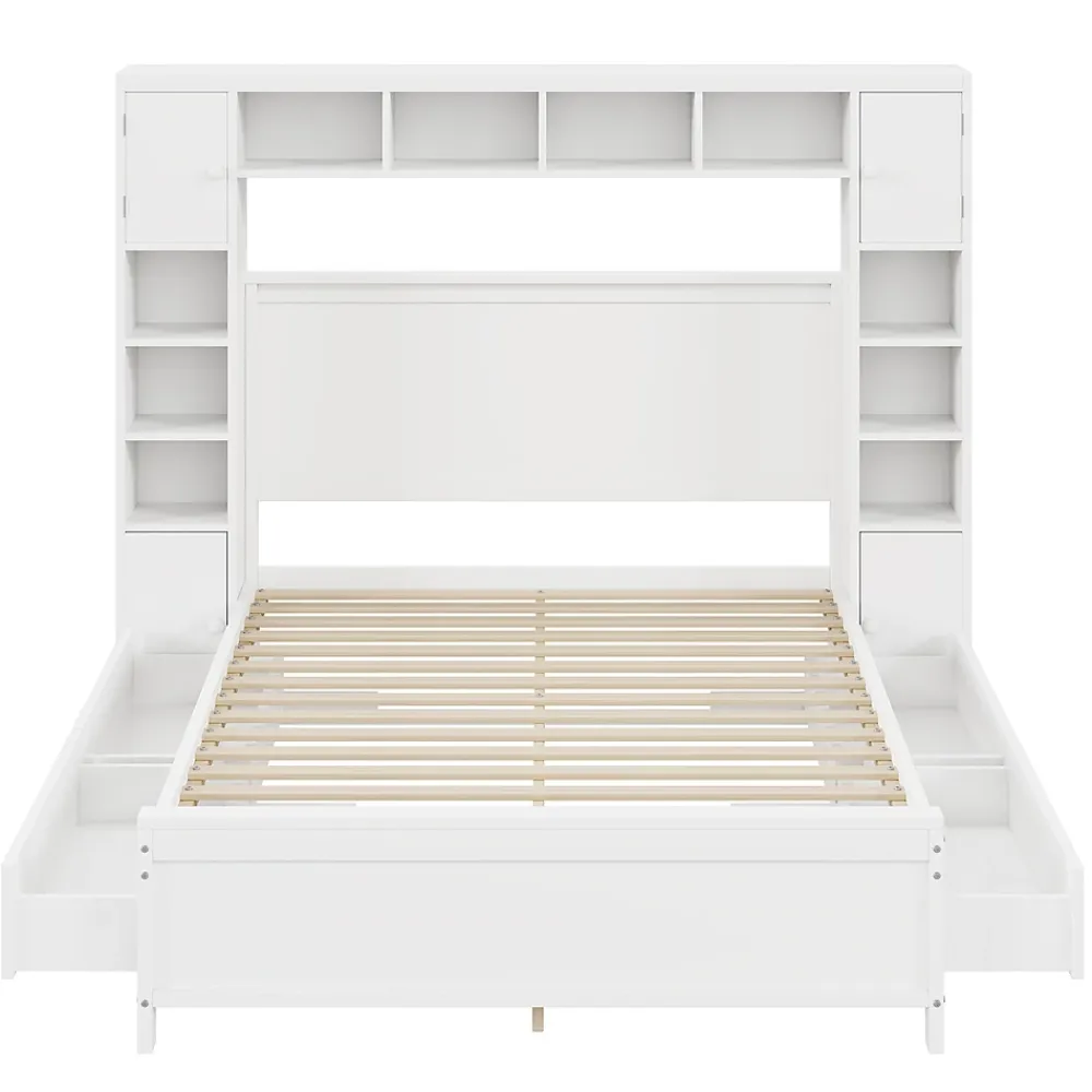 Gutent Lit adulte lit 140x200 cm lit sommier à lattes avec 4 tiroirs et armoire de rangement lit double bois massif blanc* Lit Avec Rangement