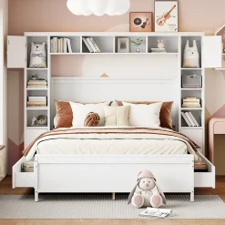 Gutent Lit adulte lit 140x200 cm lit sommier à lattes avec 4 tiroirs et armoire de rangement lit double bois massif blanc* Lit Avec Rangement