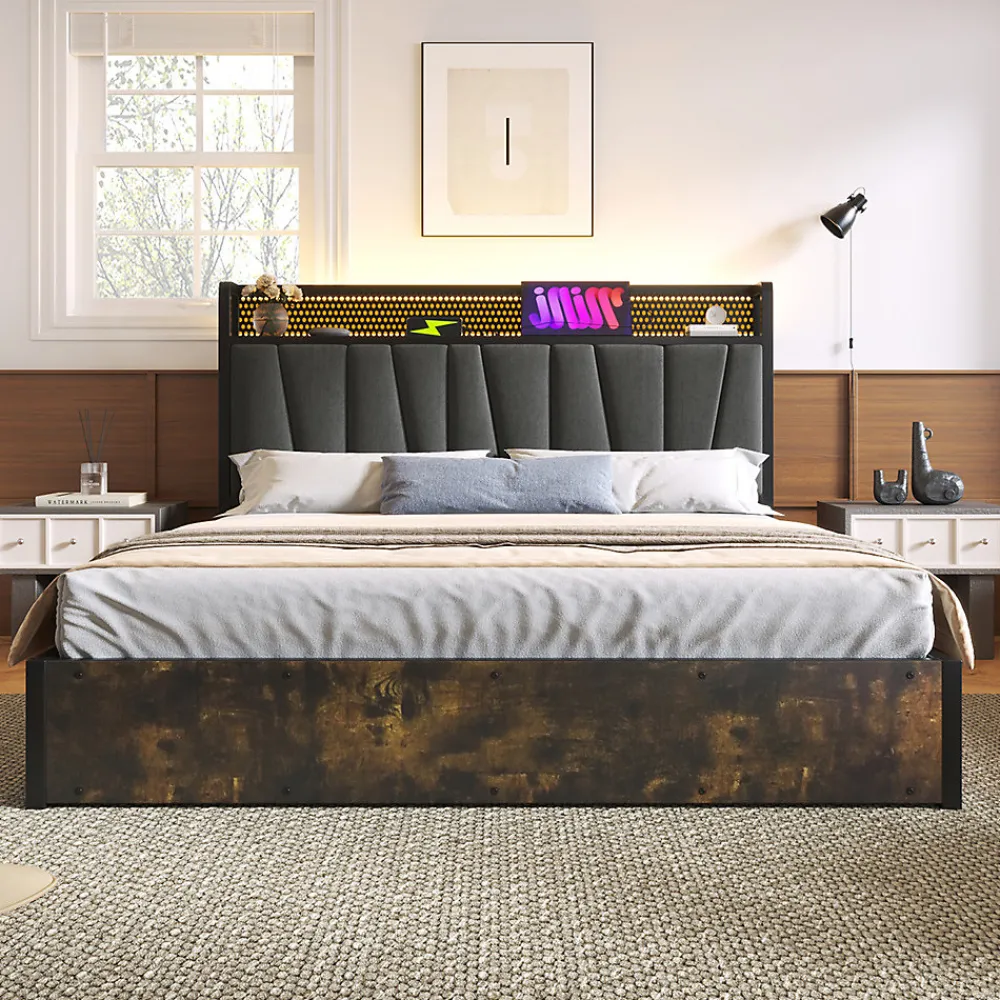 Lit adulte lit 160x200 cm lit sommier à lattes en bois lit éclairage led lit en métal lit double lin gris>Gutent Sale