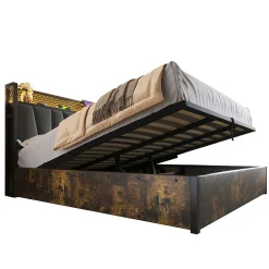 Lit adulte lit 160x200 cm lit sommier à lattes en bois lit éclairage led lit en métal lit double lin gris>Gutent Sale