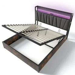 Lit adulte lit 160x200 cm lit sommier à lattes en bois lit éclairage led lit en métal lit double lin gris><noscript><img width=