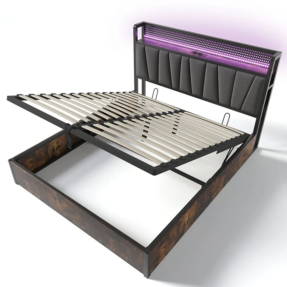 Lit adulte lit 160x200 cm lit sommier à lattes en bois lit éclairage led lit en métal lit double lin gris>Gutent Sale