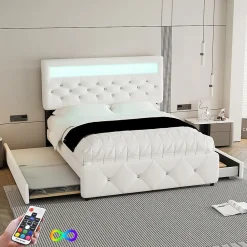 Lit adulte lit 140x200cm(90x190cm) lit rembourré avec rallonge de lit et 2 tiroirs lit double lin blanc><noscript><img width=