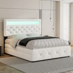 Lit adulte lit 140x200cm(90x190cm) lit rembourré avec rallonge de lit et 2 tiroirs lit double lin blanc><noscript><img width=