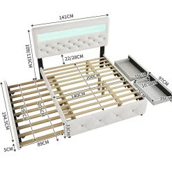 Lit adulte lit 140x200cm(90x190cm) lit rembourré avec rallonge de lit et 2 tiroirs lit double lin blanc><noscript><img width=