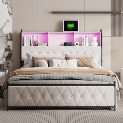 Lit adulte rembourré avec LED et USB, 4 tiroirs, sommier à lattes, velours, 180x200cm, Beige>Simple Life Hot