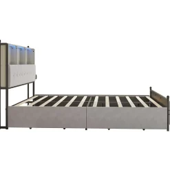 Lit adulte rembourré avec LED et USB, 4 tiroirs, sommier à lattes, velours, 180x200cm, Beige><noscript><img width=