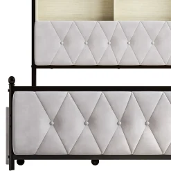 Lit adulte rembourré avec LED et USB, 4 tiroirs, sommier à lattes, velours, 180x200cm, Beige><noscript><img width=
