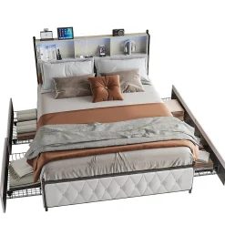 Lit adulte rembourré avec LED et USB, 4 tiroirs, sommier à lattes, velours, 180x200cm, Beige><noscript><img width=
