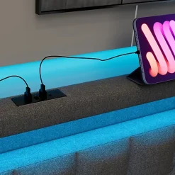 ModernLuxe Lit adulte rembourré 90x200 cm en lin - 2 tiroirs - avec fonction de charge et éclairage LED - Gris* Lit Avec Rangement