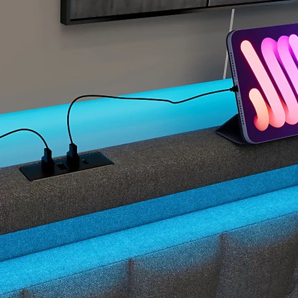 ModernLuxe Lit adulte rembourré 90x200 cm en lin - 2 tiroirs - avec fonction de charge et éclairage LED - Gris* Lit Avec Rangement