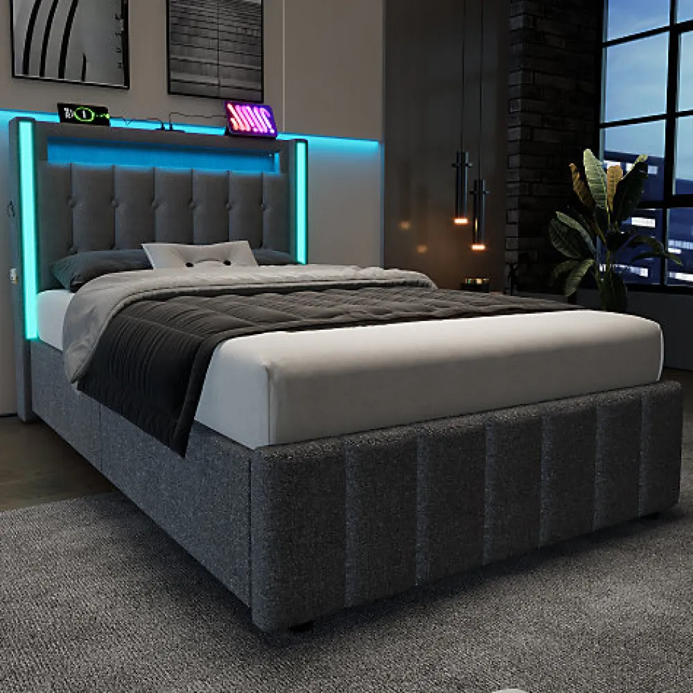ModernLuxe Lit adulte rembourré 90x200 cm en lin - 2 tiroirs - avec fonction de charge et éclairage LED - Gris* Lit Avec Rangement