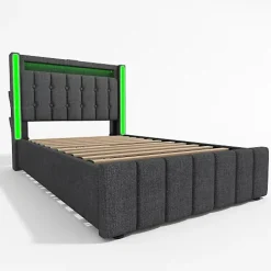 ModernLuxe Lit adulte rembourré 90x200 cm en lin - 2 tiroirs - avec fonction de charge et éclairage LED - Gris* Lit Avec Rangement