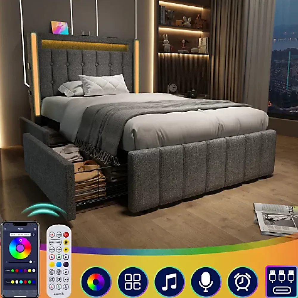 ModernLuxe Lit adulte rembourré 90x200 cm en lin - 2 tiroirs - avec fonction de charge et éclairage LED - Gris* Lit Avec Rangement