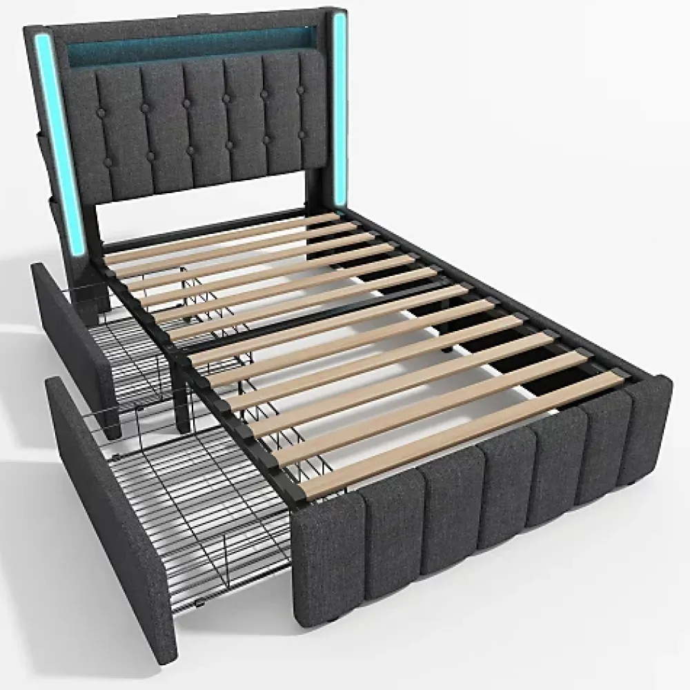 ModernLuxe Lit adulte rembourré 90x200 cm en lin - 2 tiroirs - avec fonction de charge et éclairage LED - Gris* Lit Avec Rangement