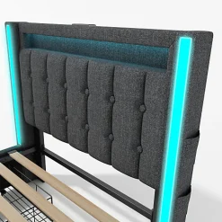 ModernLuxe Lit adulte rembourré 90x200 cm en lin - 2 tiroirs - avec fonction de charge et éclairage LED - Gris* Lit Avec Rangement