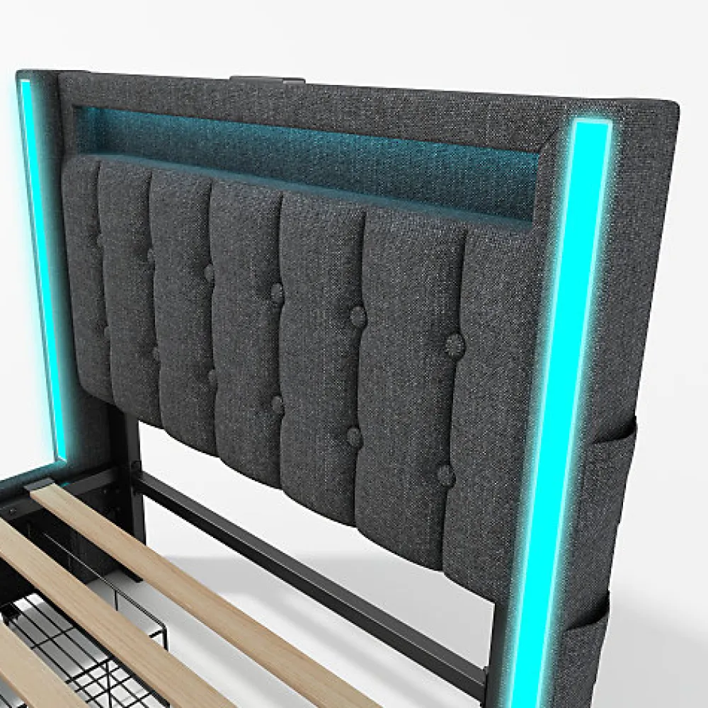 ModernLuxe Lit adulte rembourré 90x200 cm en lin - 2 tiroirs - avec fonction de charge et éclairage LED - Gris* Lit Avec Rangement