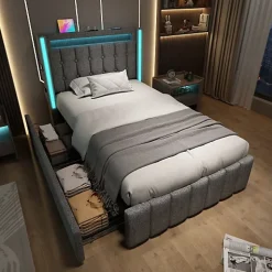 ModernLuxe Lit adulte rembourré 90x200 cm en lin - 2 tiroirs - avec fonction de charge et éclairage LED - Gris* Lit Avec Rangement