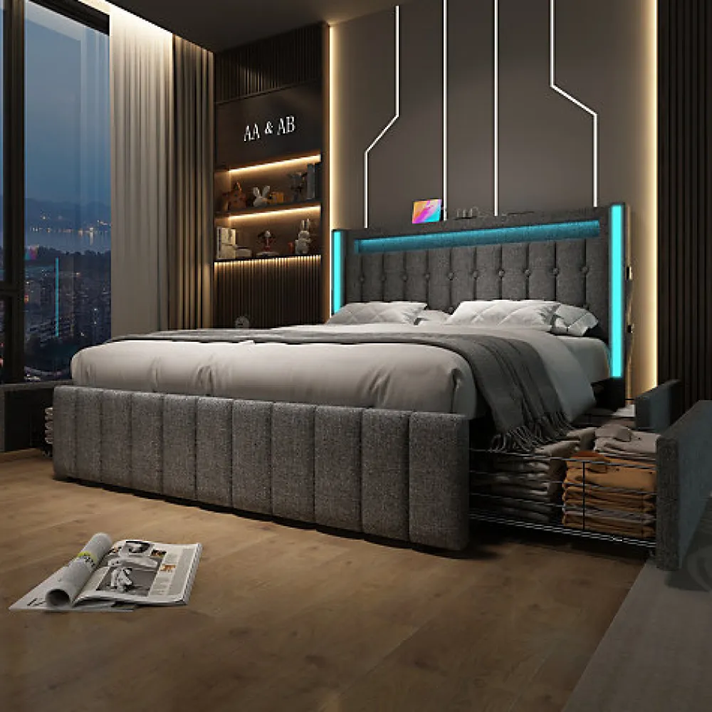 Lit adulte rembourré 140x200 cm en lin - 2 tiroirs - avec fonction de charge et éclairage LED - Gris>ModernLuxe Clearance