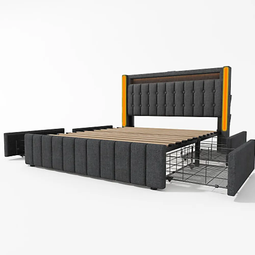 Lit adulte rembourré 140x200 cm en lin - 2 tiroirs - avec fonction de charge et éclairage LED - Gris>ModernLuxe Clearance