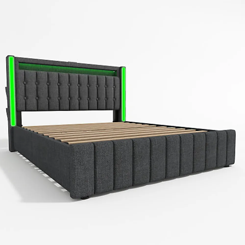 Lit adulte rembourré 140x200 cm en lin - 2 tiroirs - avec fonction de charge et éclairage LED - Gris>ModernLuxe Clearance