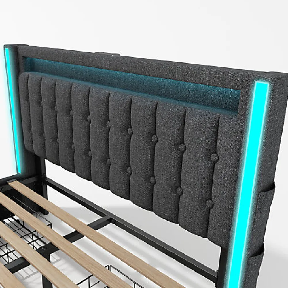 Lit adulte rembourré 140x200 cm en lin - 2 tiroirs - avec fonction de charge et éclairage LED - Gris>ModernLuxe Clearance