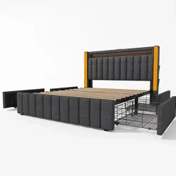 ModernLuxe Lit adulte rembourré 160x200 cm en lin - 2 tiroirs - avec fonction de charge et éclairage LED - Gris* Lit Avec Rangement