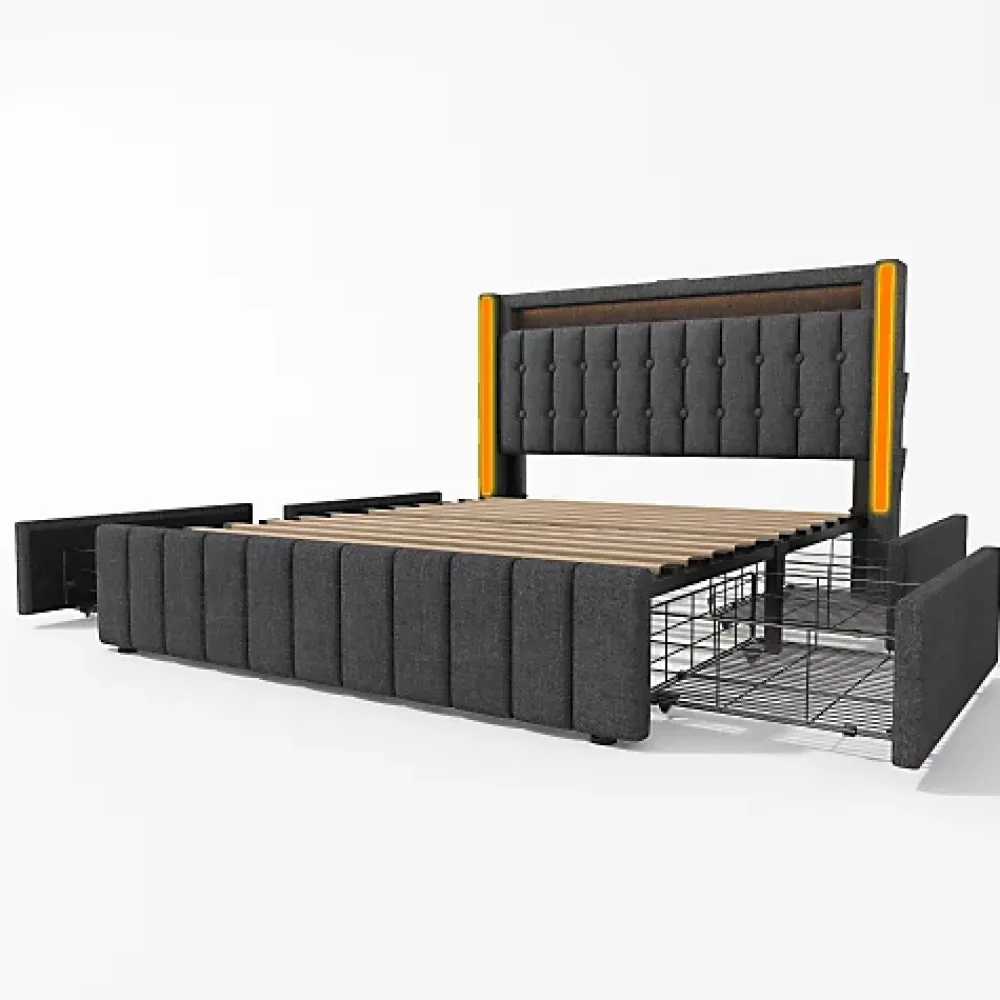 ModernLuxe Lit adulte rembourré 160x200 cm en lin - 2 tiroirs - avec fonction de charge et éclairage LED - Gris* Lit Avec Rangement