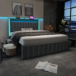 ModernLuxe Lit adulte rembourré 160x200 cm en lin - 2 tiroirs - avec fonction de charge et éclairage LED - Gris* Lit Avec Rangement