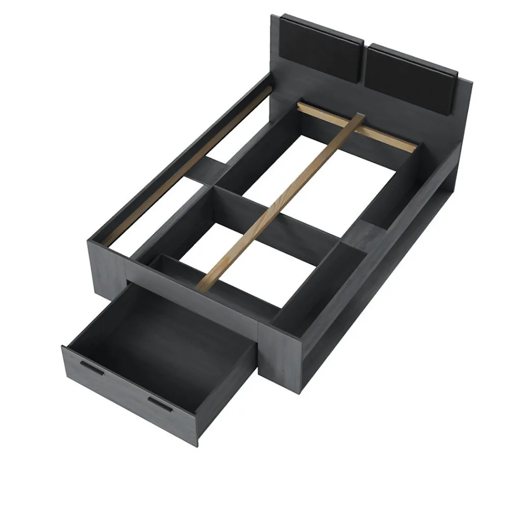 Lit adulte 140x200 avec sommier et tiroirs intégrés - Collection FLOYD. Coloris gris effet bois.>Meublorama Discount