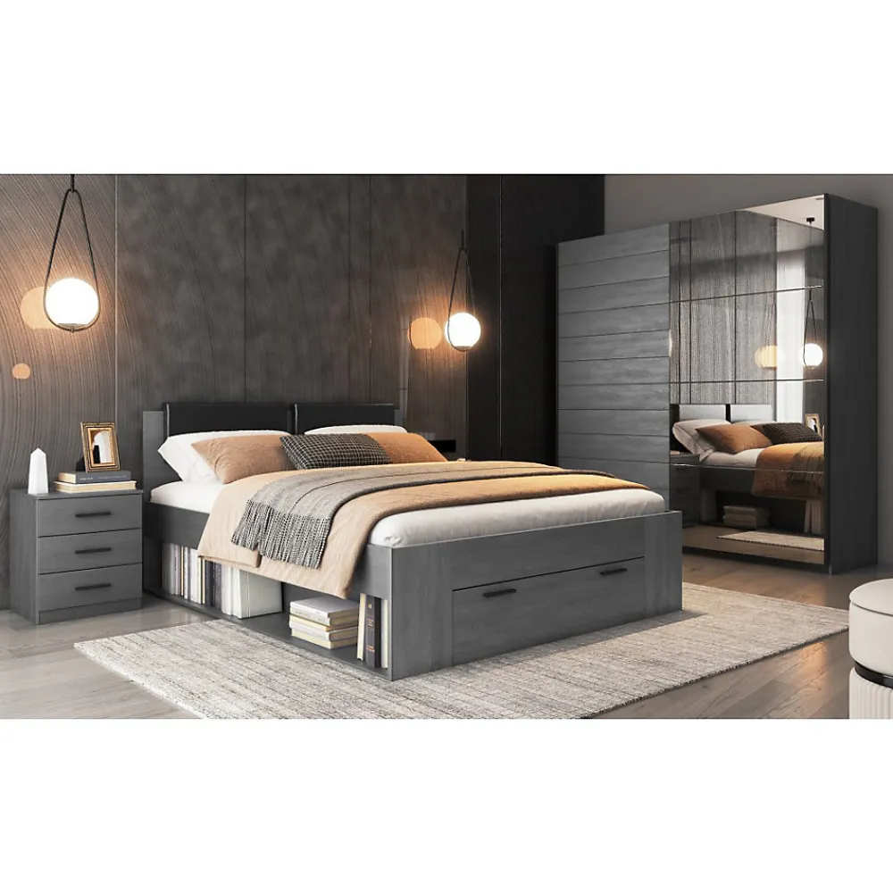 Lit adulte 140x200 avec sommier et tiroirs intégrés - Collection FLOYD. Coloris gris effet bois.>Meublorama Discount