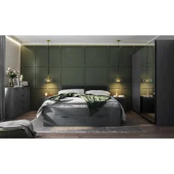 Lit adulte 140x200 avec sommier et tiroirs intégrés - Collection FLOYD. Coloris gris effet bois.><noscript><img width=