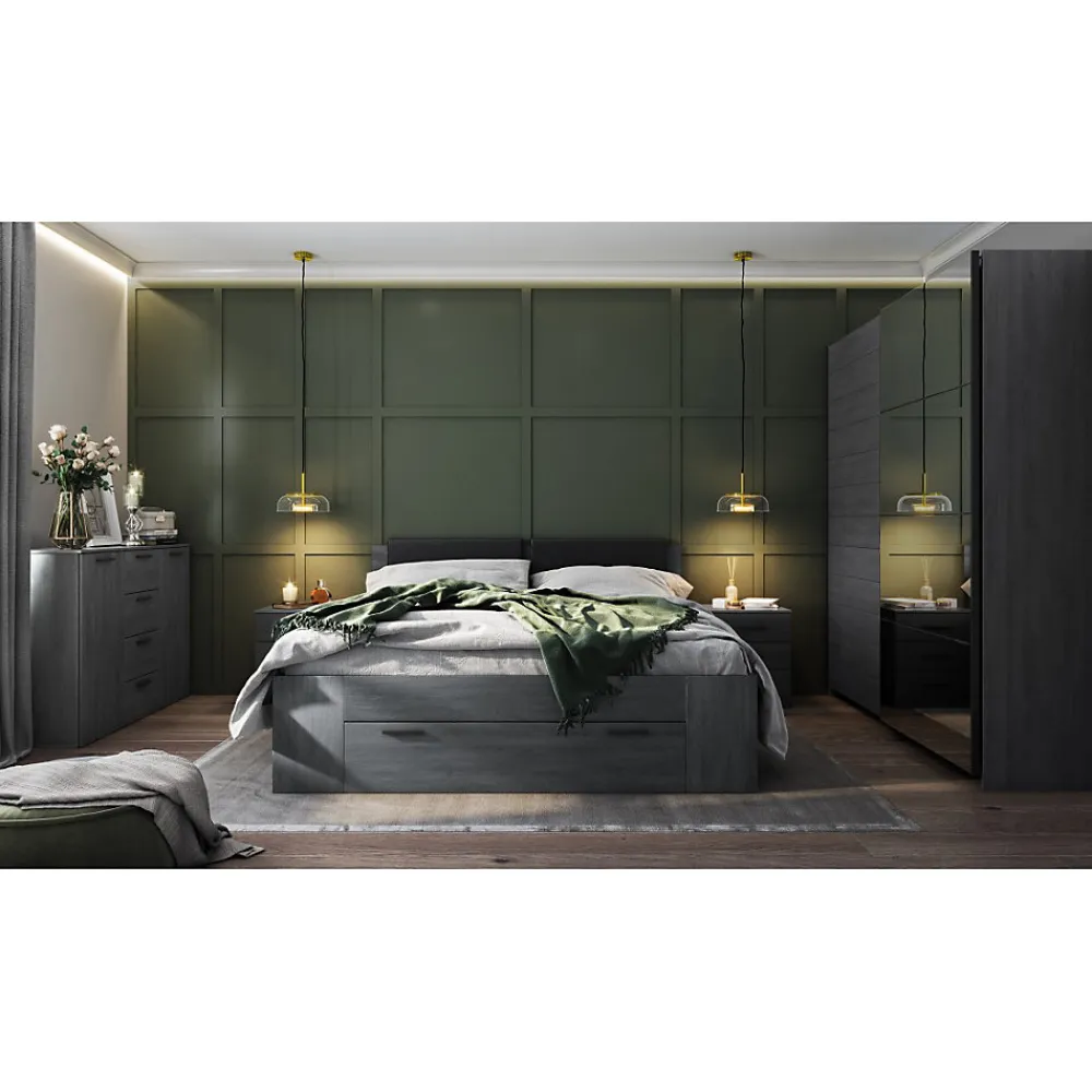 Lit adulte 140x200 avec sommier et tiroirs intégrés - Collection FLOYD. Coloris gris effet bois.>Meublorama Discount