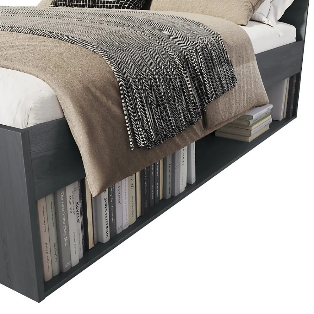 Lit adulte 140x200 avec sommier et tiroirs intégrés - Collection FLOYD. Coloris gris effet bois.>Meublorama Discount
