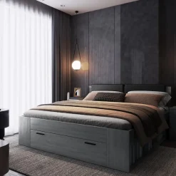 Meublorama Lit adulte 180x200 avec sommier et tiroirs intégrés - Collection FLOYD. Coloris gris effet bois.* Lit Avec Rangement