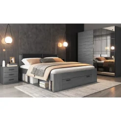 Meublorama Lit adulte 180x200 avec sommier et tiroirs intégrés - Collection FLOYD. Coloris gris effet bois.* Lit Avec Rangement