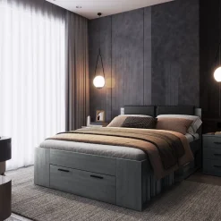 Lit adulte 140x200 avec tiroirs intégrés - Collection FLOYD. Coloris gris effet bois>Meublorama Discount