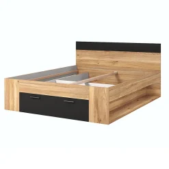 Lit adulte 160x200 avec tiroirs intégrés - Collection EOS. Coloris chene clair et noir.>Meublorama