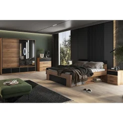 Lit adulte 160x200 avec tiroirs intégrés - Collection EOS. Coloris chene clair et noir.>Meublorama