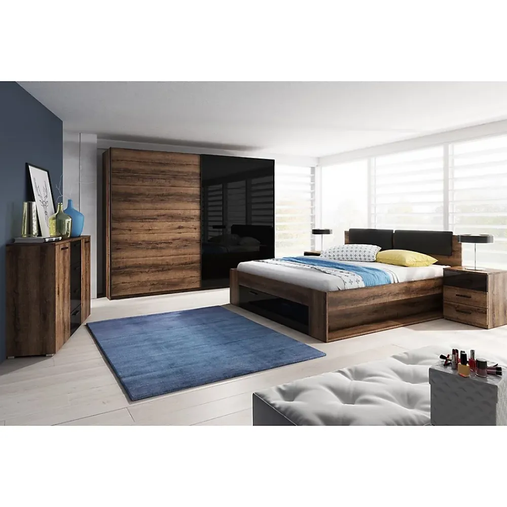 Meublorama Lit adulte 180x200 avec tiroirs intégrés - Collection FLOYD. Coloris chene foncé et noir* Lit Avec Rangement