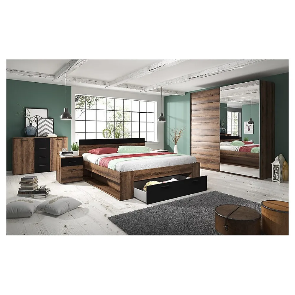 Lit adulte 180x200 avec tiroirs intégrés - Collection EOS. Coloris chene foncé et noir>Meublorama Hot