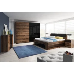 Meublorama Lit adulte 180x200 avec tiroirs intégrés - Collection FLOYD. Coloris chene foncé et noir* Lit Avec Rangement