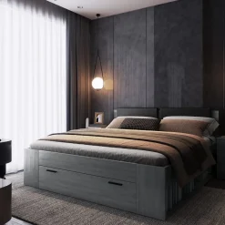 Lit adulte 180x200 avec tiroirs intégrés - Collection FLOYD, Coloris gris effet bois>Meublorama