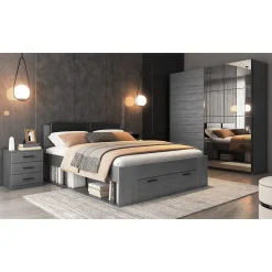 Lit adulte 180x200 avec tiroirs intégrés - Collection FLOYD, Coloris gris effet bois><noscript><img width=