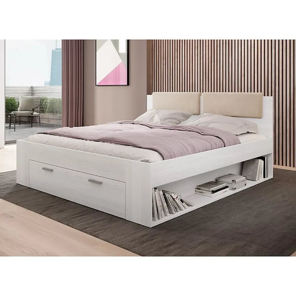 Meublorama Lit adulte 180x200 avec tiroirs intégrés - Collection FLOYD, Coloris blanc effet bois* Lit Avec Rangement